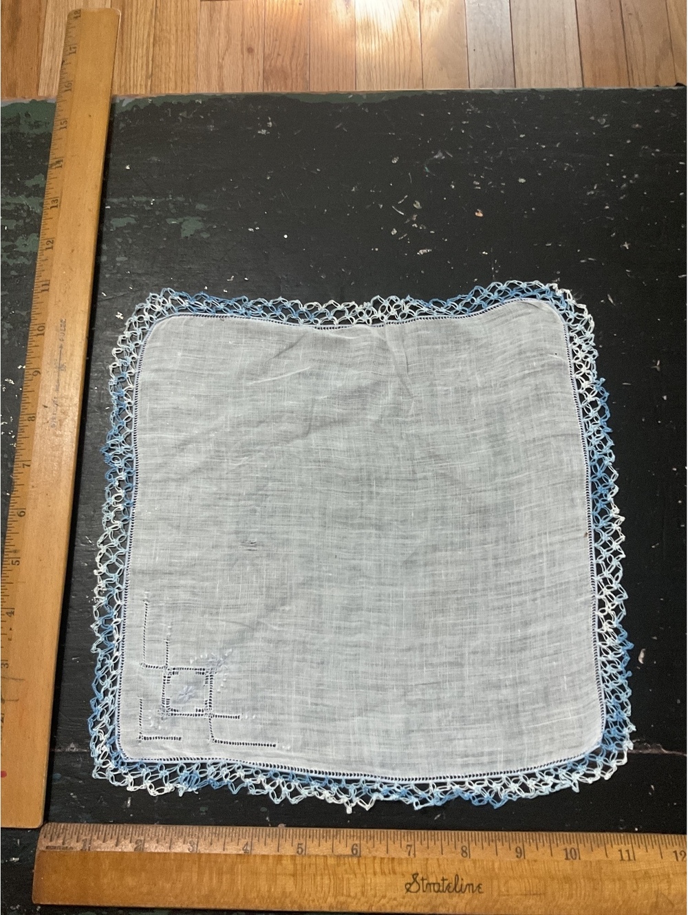 Vintage White Linen Handkerchief with Blue Crochet Edge and Embroidery